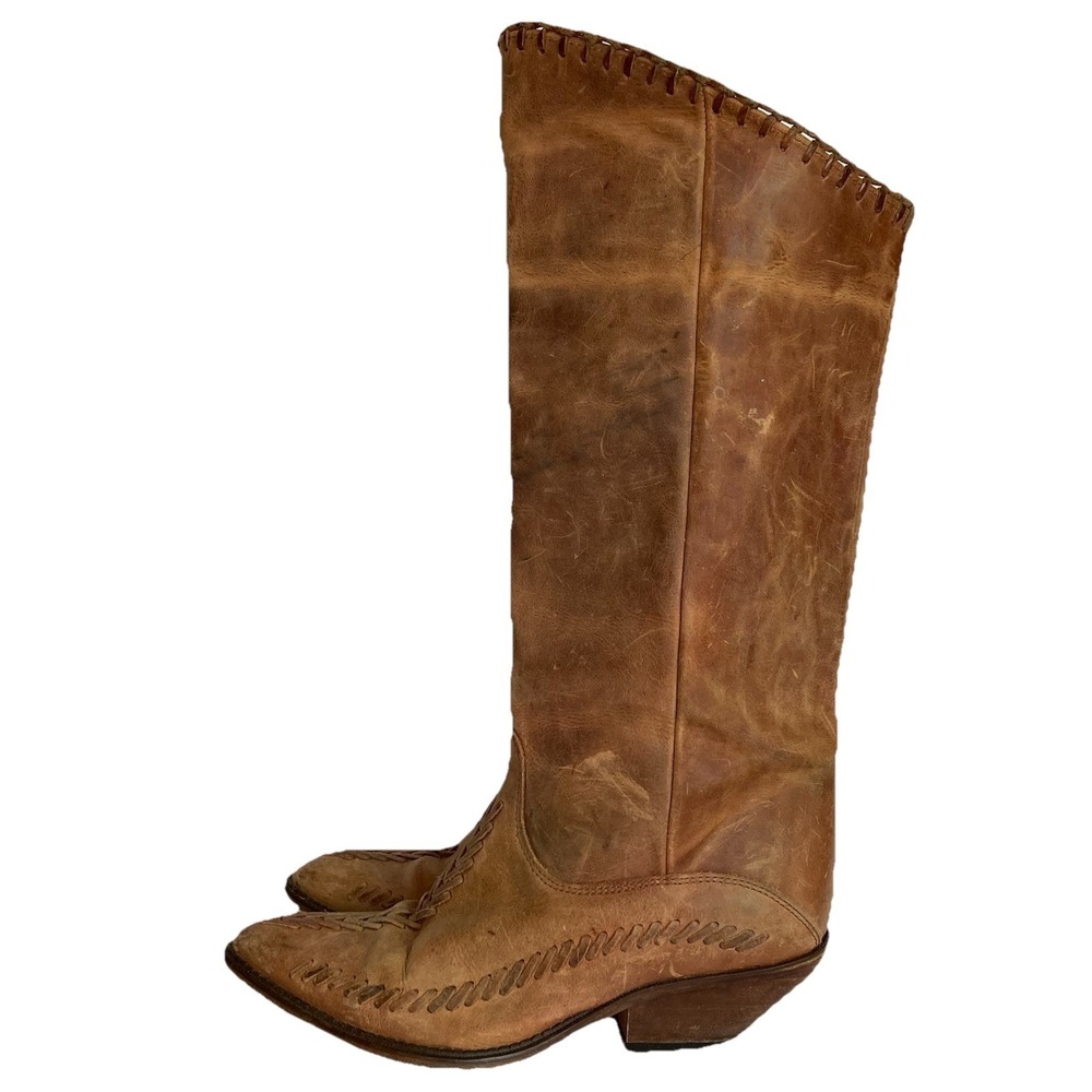 Vtg Zodiac Leather Tall Knee High Riding Cowboy Boots Size 8 Brown Boho Hippie - Picture 5 of 12